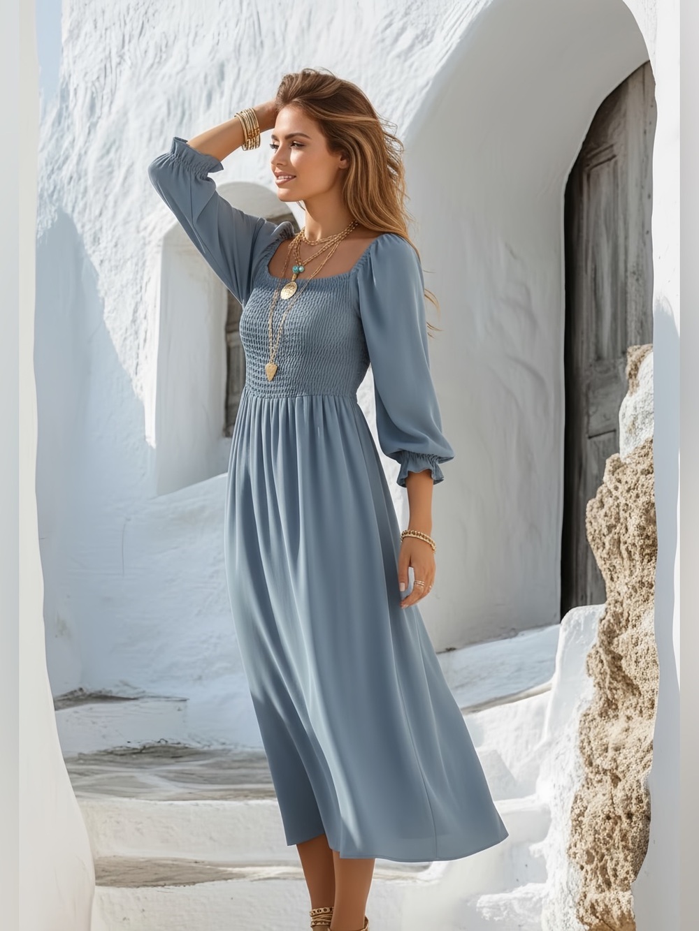 Camden Layne Smocked Square-Neck Midi Dress in Dusty Blue - Picture 2 of 7